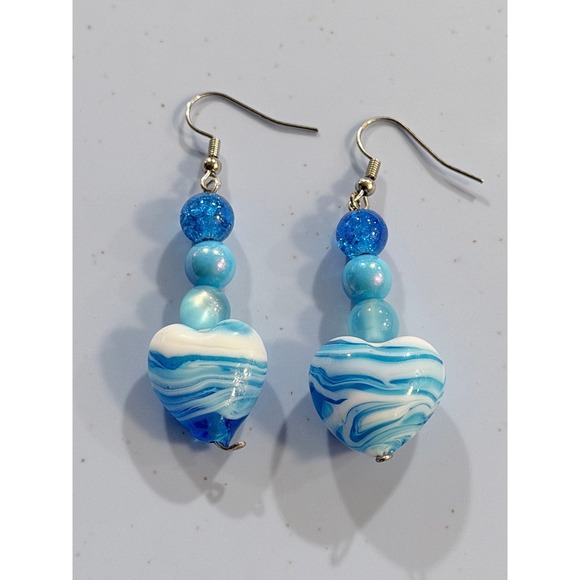 Handmade Jewelry - Handmade Blue Glass Heart Drop Earrings Swirl Bead Dangle Silver Tone Hooks